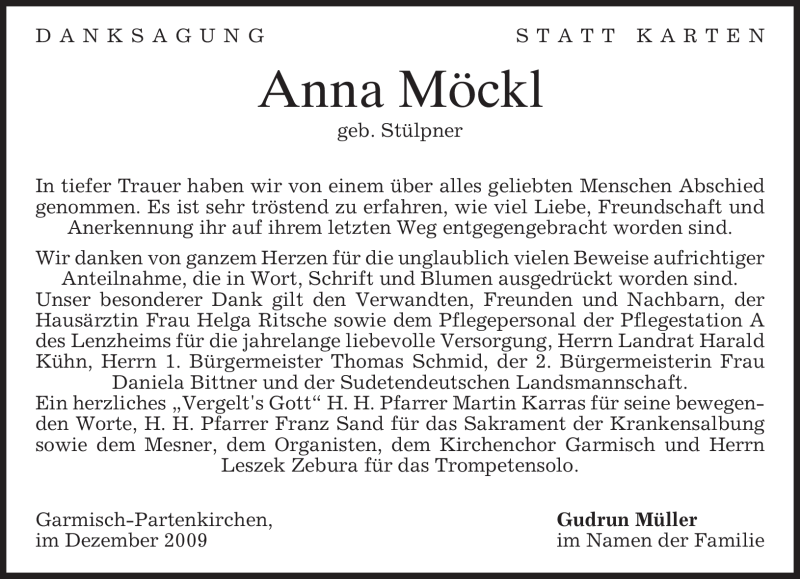  Traueranzeige für Anna Möckl vom 24.12.2009 aus MERKUR & TZ