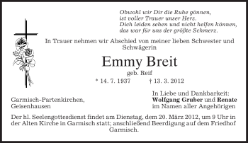 Traueranzeige von Emmy Breit von MERKUR & TZ