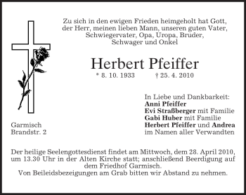 Traueranzeige von Herbert Pfeiffer von MERKUR & TZ