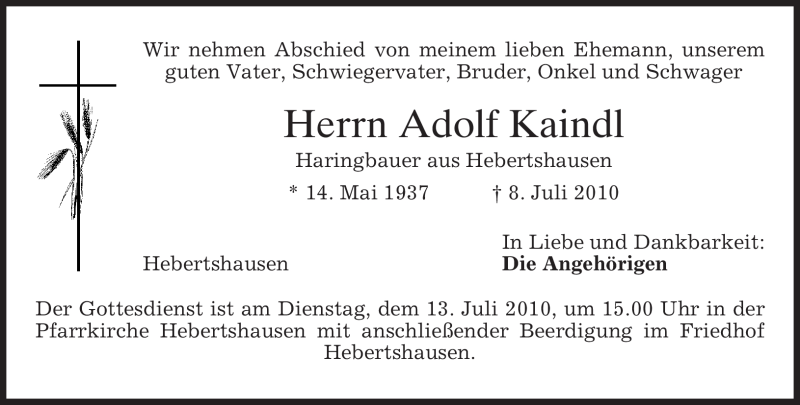  Traueranzeige für Adolf Kaindl vom 12.07.2010 aus MERKUR & TZ