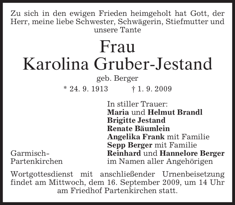  Traueranzeige für Karolina Gruber-Jestand vom 12.09.2009 aus MERKUR & TZ