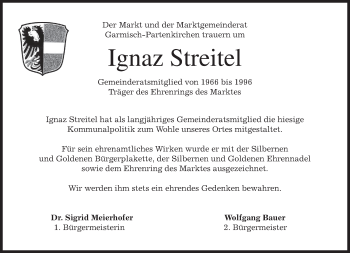 Traueranzeige von Ignaz Streitel von merkurtz