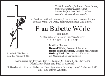 Traueranzeige von Babette Wörle von MERKUR & TZ