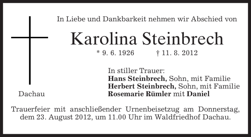  Traueranzeige für Karolina Steinbrech vom 18.08.2012 aus MERKUR & TZ