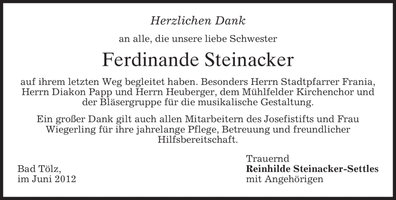  Traueranzeige für Ferdinande Steinacker vom 12.06.2012 aus MERKUR & TZ