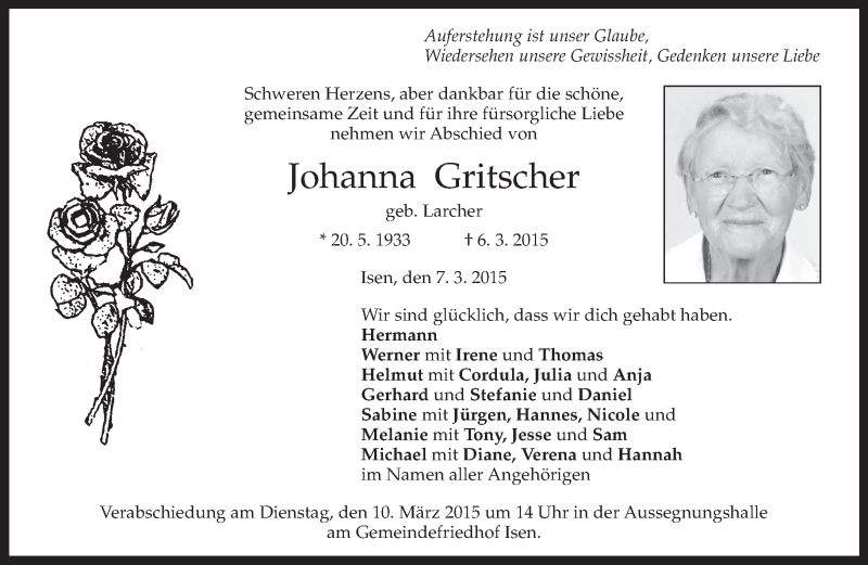  Traueranzeige für Johanna Gritscher vom 07.03.2015 aus merkurtz