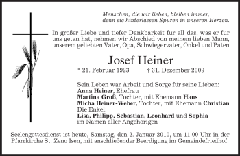 Traueranzeige von Josef Heiner von MERKUR & TZ