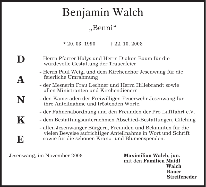  Traueranzeige für Benjamin Walch vom 08.11.2008 aus MERKUR & TZ