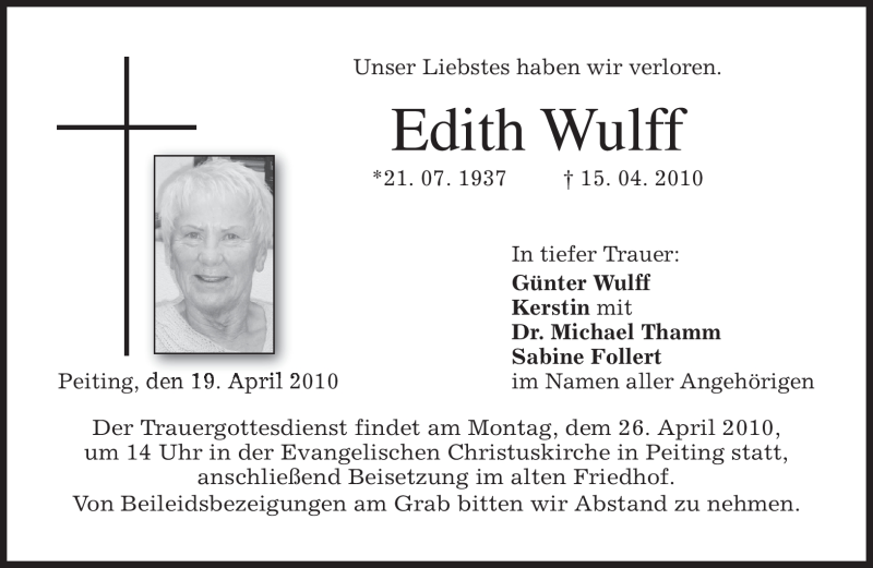  Traueranzeige für Edith Wulff vom 19.04.2010 aus MERKUR & TZ