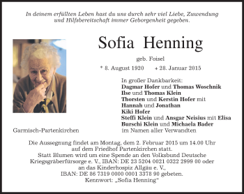 Traueranzeige von Sofia Henning von merkurtz