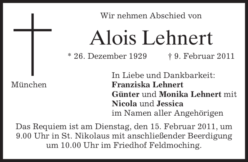  Traueranzeige für Alois Lehnert vom 12.02.2011 aus MERKUR & TZ
