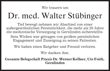 Traueranzeige von Walter Stübinger von MERKUR & TZ