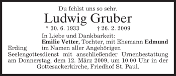 Traueranzeige von Ludwig Gruber von MERKUR & TZ