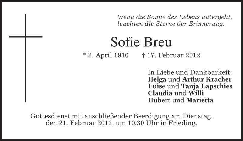  Traueranzeige für Sofie Breu vom 20.02.2012 aus MERKUR & TZ