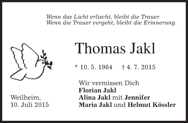  Traueranzeige für Thomas Jakl vom 10.07.2015 aus merkurtz