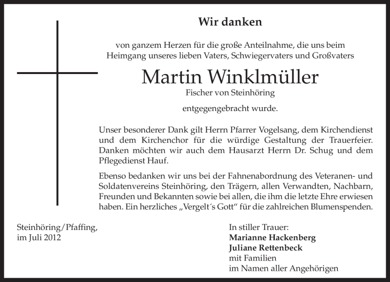  Traueranzeige für Martin Winklmüller vom 28.07.2012 aus MERKUR & TZ