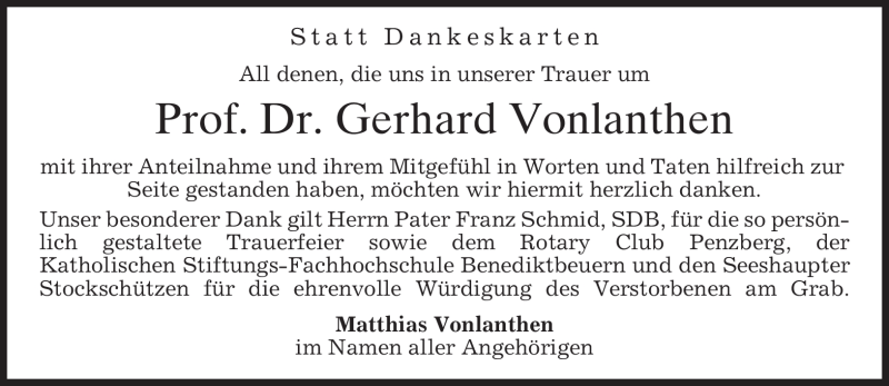  Traueranzeige für Gerhard Vonlanthen vom 17.10.2009 aus MERKUR & TZ