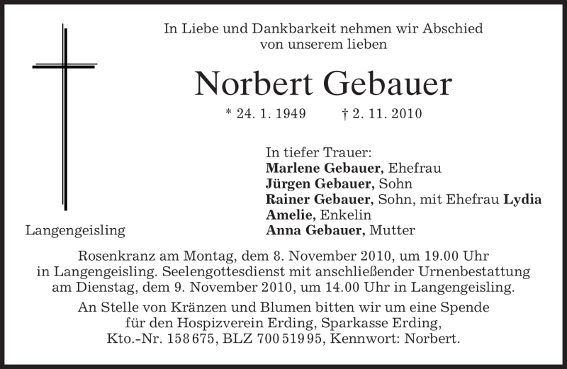  Traueranzeige für Norbert Gebauer vom 06.11.2010 aus MERKUR & TZ