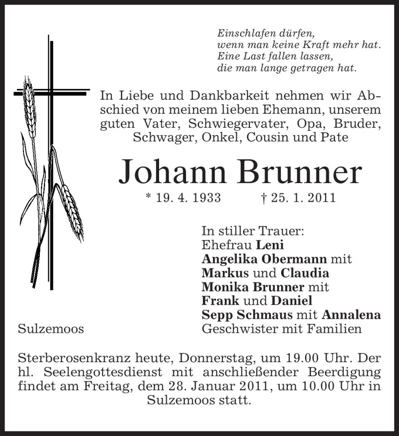  Traueranzeige für Johann Brunner vom 27.01.2011 aus MERKUR & TZ