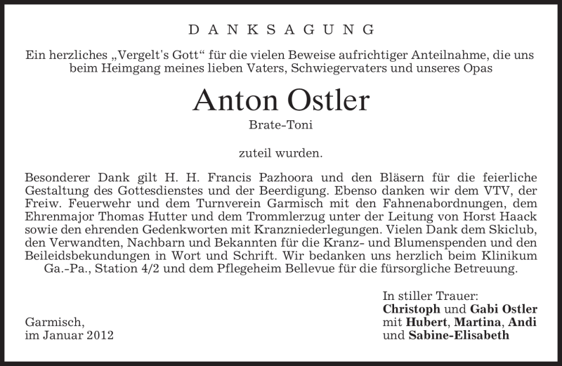  Traueranzeige für Anton Ostler vom 28.01.2012 aus MERKUR & TZ