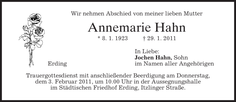  Traueranzeige für Annemarie Hahn vom 01.02.2011 aus MERKUR & TZ