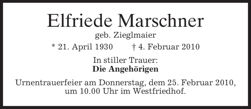  Traueranzeige für Elfriede Marschner vom 20.02.2010 aus MERKUR & TZ