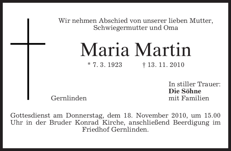  Traueranzeige für Maria Martin vom 16.11.2010 aus MERKUR & TZ