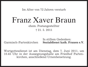 Traueranzeige von Franz Xaver Braun von MERKUR & TZ