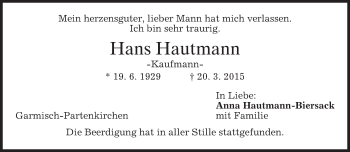 Traueranzeige von Hans Hautmann von merkurtz