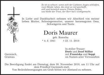 Traueranzeige von Doris Maurer von MERKUR & TZ