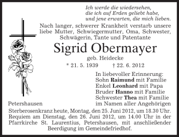 Traueranzeige von Sigrid Obermayer von MERKUR & TZ