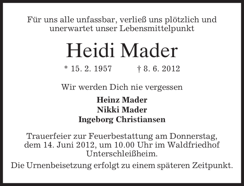  Traueranzeige für Heidi Mader vom 12.06.2012 aus MERKUR & TZ