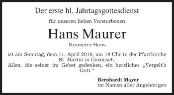 Traueranzeige von Hans Maurer von MERKUR & TZ