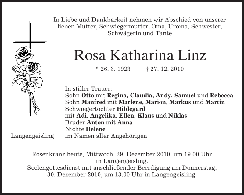  Traueranzeige für Rosa Katharina Linz vom 29.12.2010 aus MERKUR & TZ