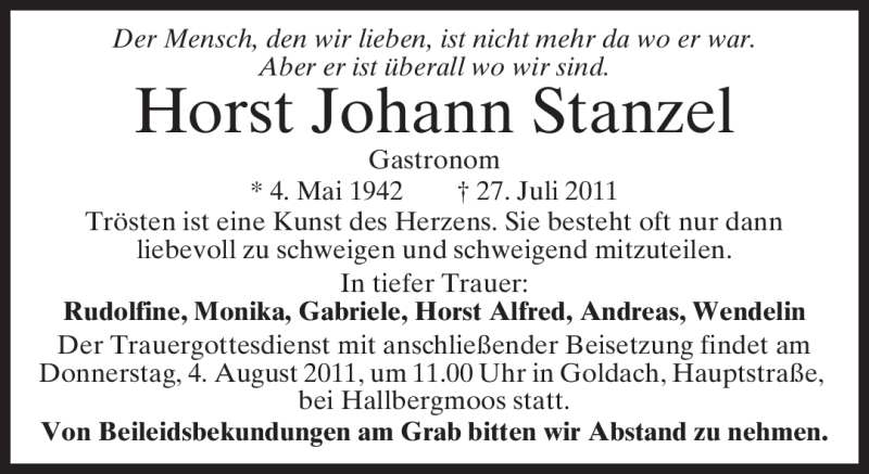  Traueranzeige für Horst Johann Stanzel vom 03.08.2011 aus MERKUR & TZ