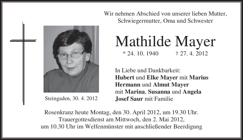  Traueranzeige für Mathilde Mayer vom 30.04.2012 aus MERKUR & TZ