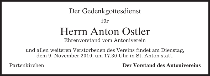  Traueranzeige für Anton Ostler vom 06.11.2010 aus MERKUR & TZ