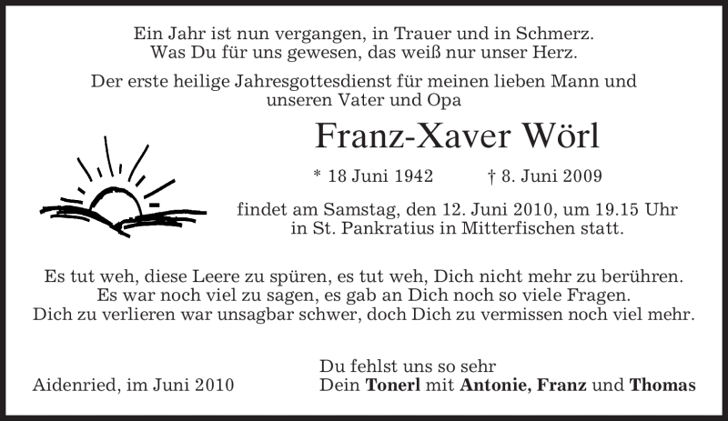  Traueranzeige für Franz-Xaver Wörl vom 10.06.2010 aus MERKUR & TZ