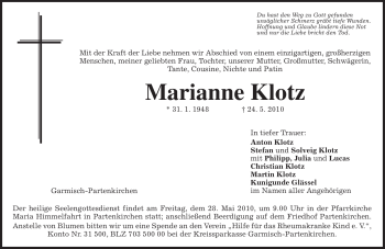 Traueranzeige von Marianne Klotz von MERKUR & TZ
