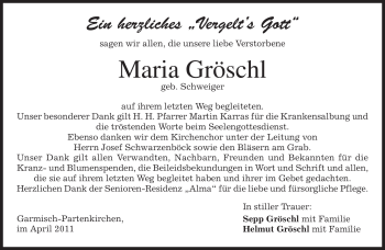 Traueranzeige von Maria Gröschl von MERKUR & TZ