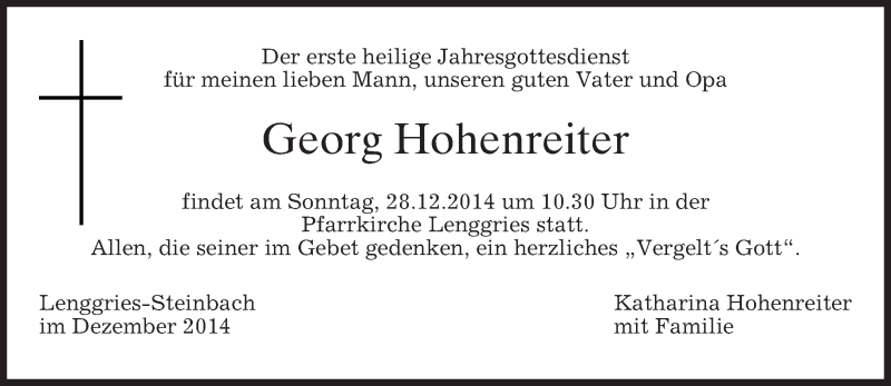  Traueranzeige für Georg Hohenreiter vom 24.12.2014 aus merkurtz