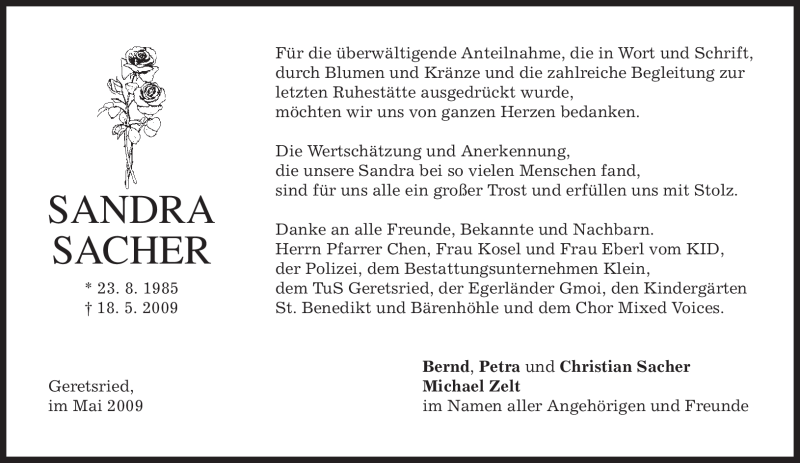  Traueranzeige für Sandra Sacher vom 30.05.2009 aus MERKUR & TZ