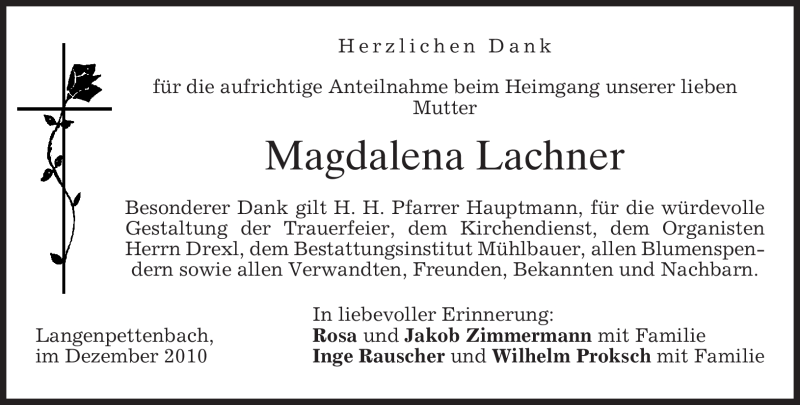  Traueranzeige für Magdalena Lachner vom 18.12.2010 aus MERKUR & TZ