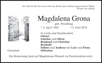 Traueranzeige von Magdalena Grona von merkurtz