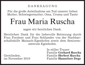 Traueranzeige von Maria Ruscha von MERKUR & TZ