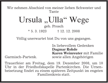 Traueranzeige von Ursula Wege von MERKUR & TZ