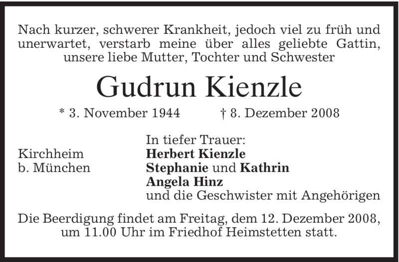 Traueranzeigen von Gudrun Kienzle | trauer.merkur.de