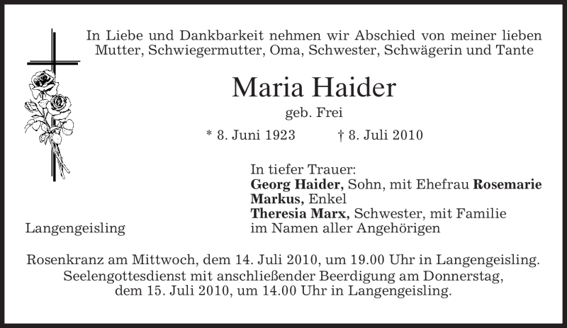  Traueranzeige für Maria Haider vom 12.07.2010 aus MERKUR & TZ