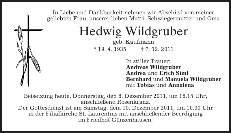  Traueranzeige für Hedwig Wildgruber vom 08.12.2011 aus MERKUR & TZ