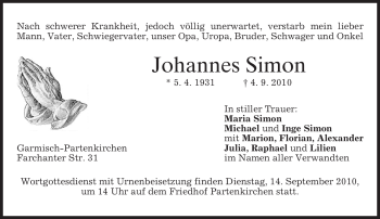 Traueranzeige von Johannes Simon von MERKUR & TZ